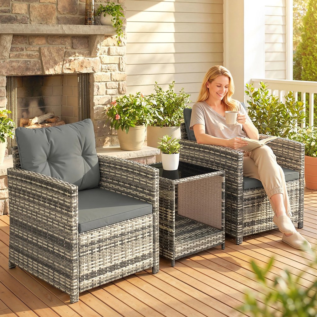 Outsunny Set mobilier exterior 3 piese din rășină împletită, masă și 2 fotolii cu perne, 62x65x75 cm, Gri deschis | Aosom Romania
