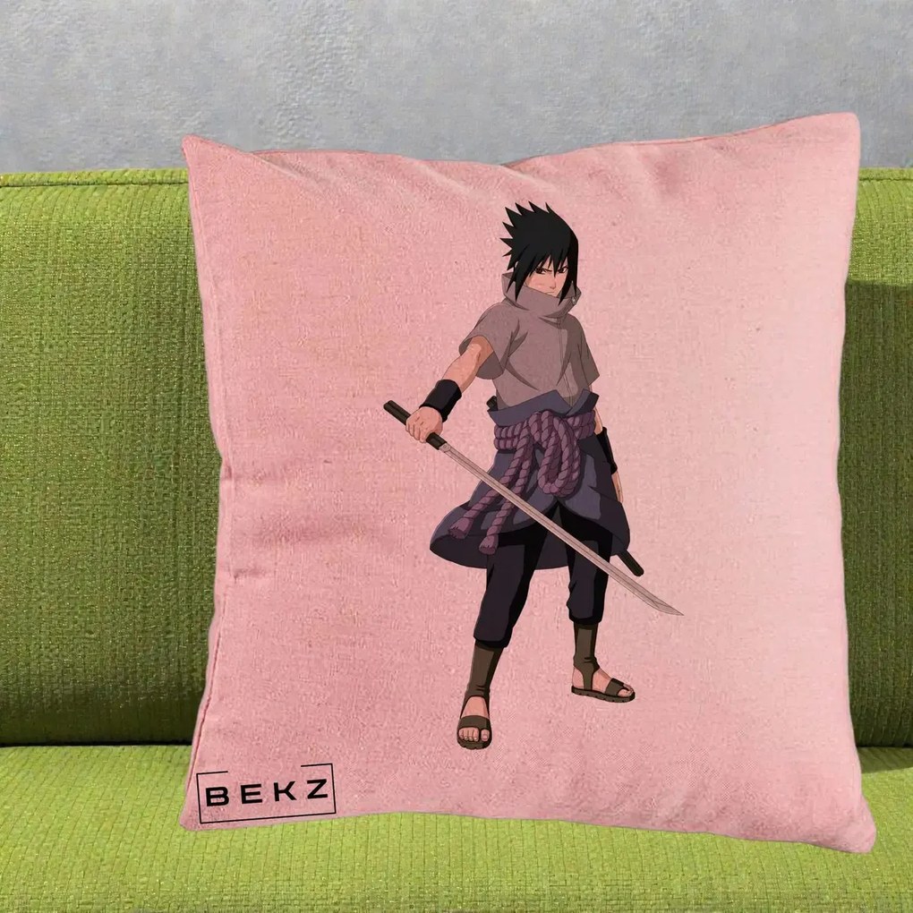 Perna Personalizata Naruto Sasuke Uchiha cu Sabia, 40x40 cm, Roz, Husa Detasabila, Perna Inclusa, BEKZ®