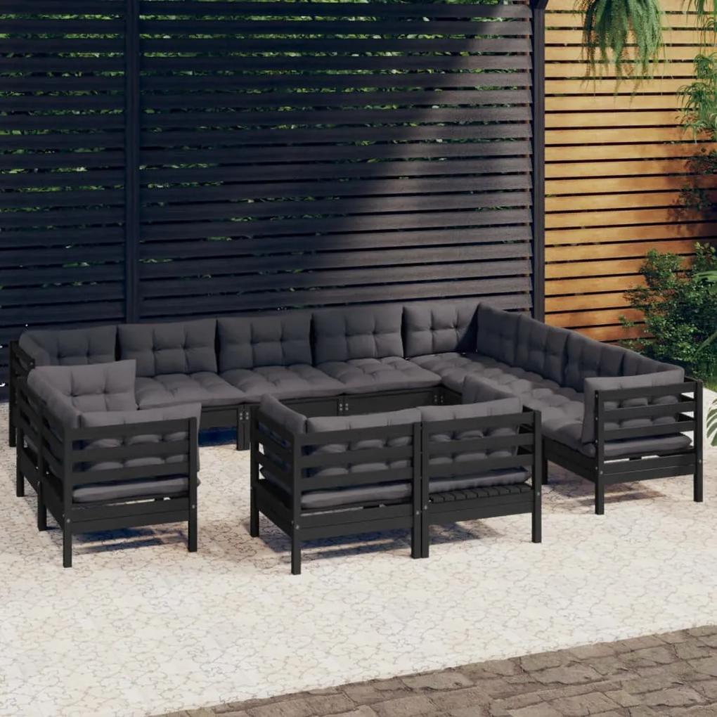 3096951 vidaXL Set mobilier grădină cu perne, 12 piese, negru, lemn masiv pin