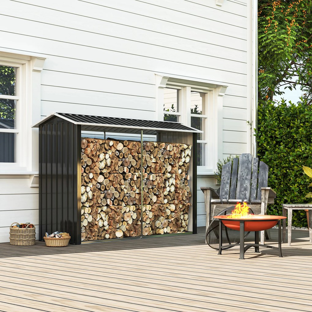 Outsunny Suport de Lemne cu Structură din Oțel Galvanizat 240x86x160cm Negru | Aosom Romania