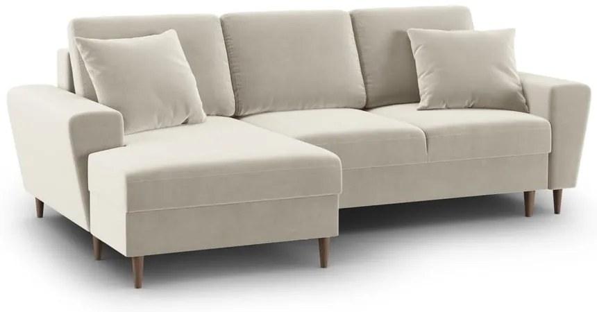 Colțar bej extensibil, cu spațiu de depozitare cu tapițerie din catifea (cu colț pe partea stângă, cu șezlong) Kyoto – Cosmopolitan Design