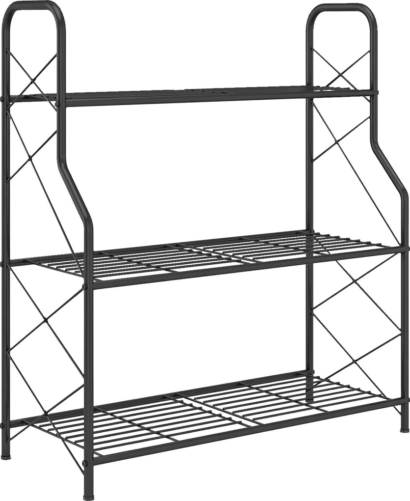 Outsunny Suport pentru Plante Vertical cu 3 Niveluri, cu Suporturi Laterale în X, Suport Ghivece cu Mânere Integrate din Metal pentru Interior și Exterior, 69x28.5x78 cm, Negru | Aosom Romania