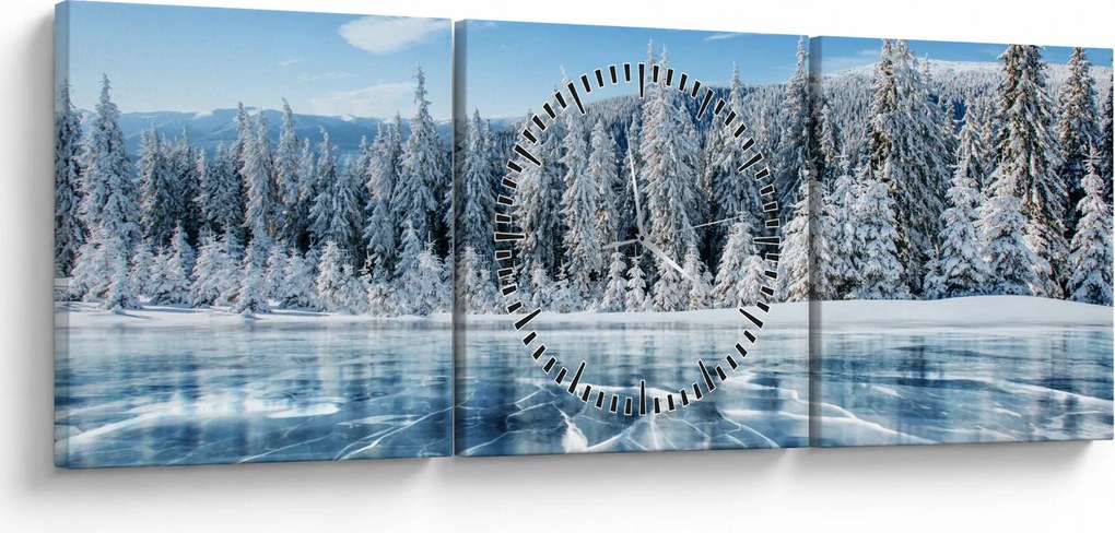 Tablou cu lacul înghețat și copacii înzăpeziți (cu ceas) (90x30 cm)