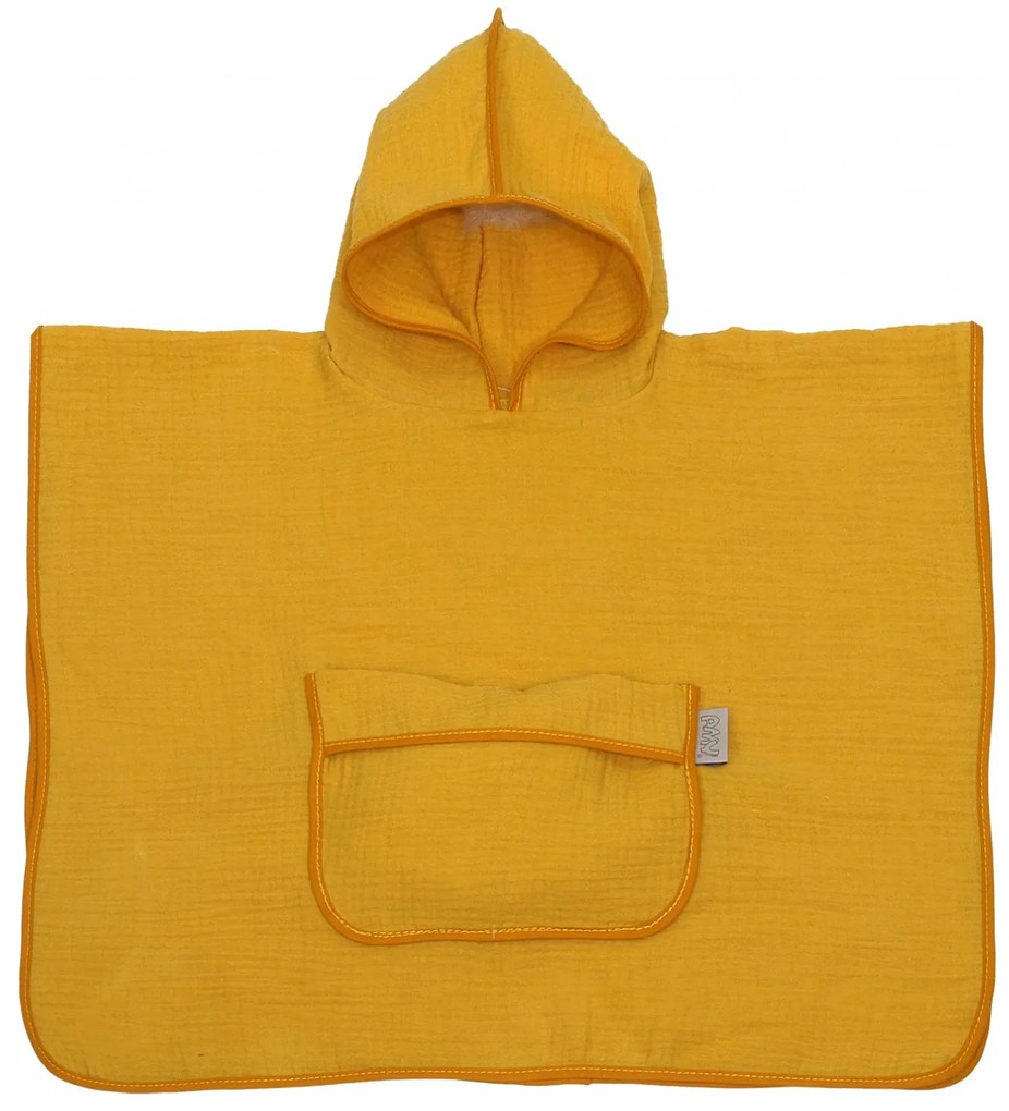 Prosop din bumbac muselina cu gluga si buzunar pentru bebelusi si copii, Poncho, Galben, 60x65 cm