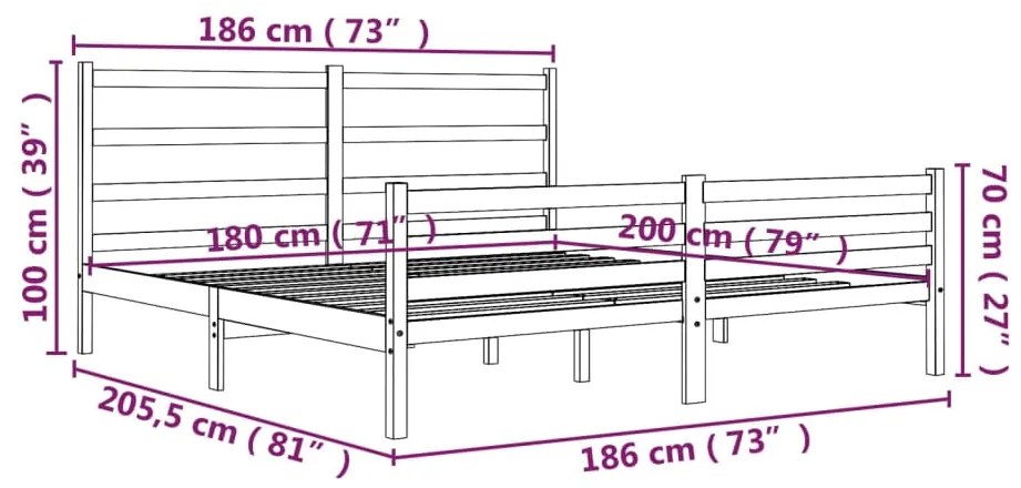 Cadru de pat Super King 6FT, negru, 180x200 cm, lemn masiv pin Negru, 180 x 200 cm