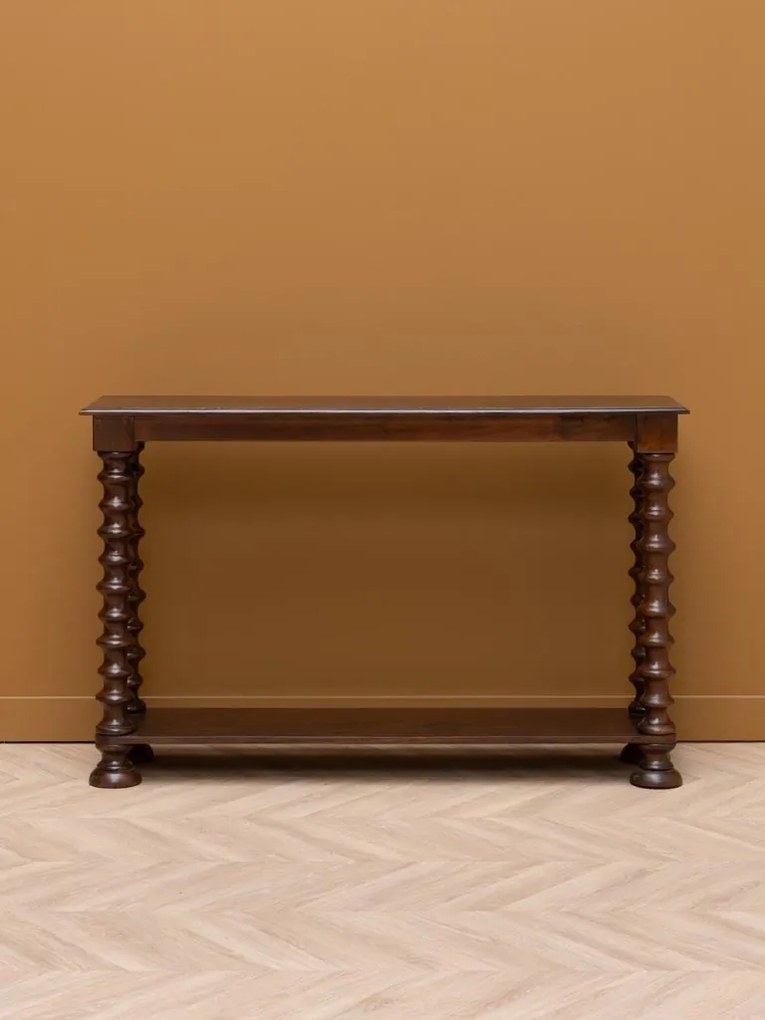 Consolă din lemn de mango, cu picioare sculptate în spirală, maro antichizat, finisaj lucios, 131×35.5×82 cm, „Salomon"
