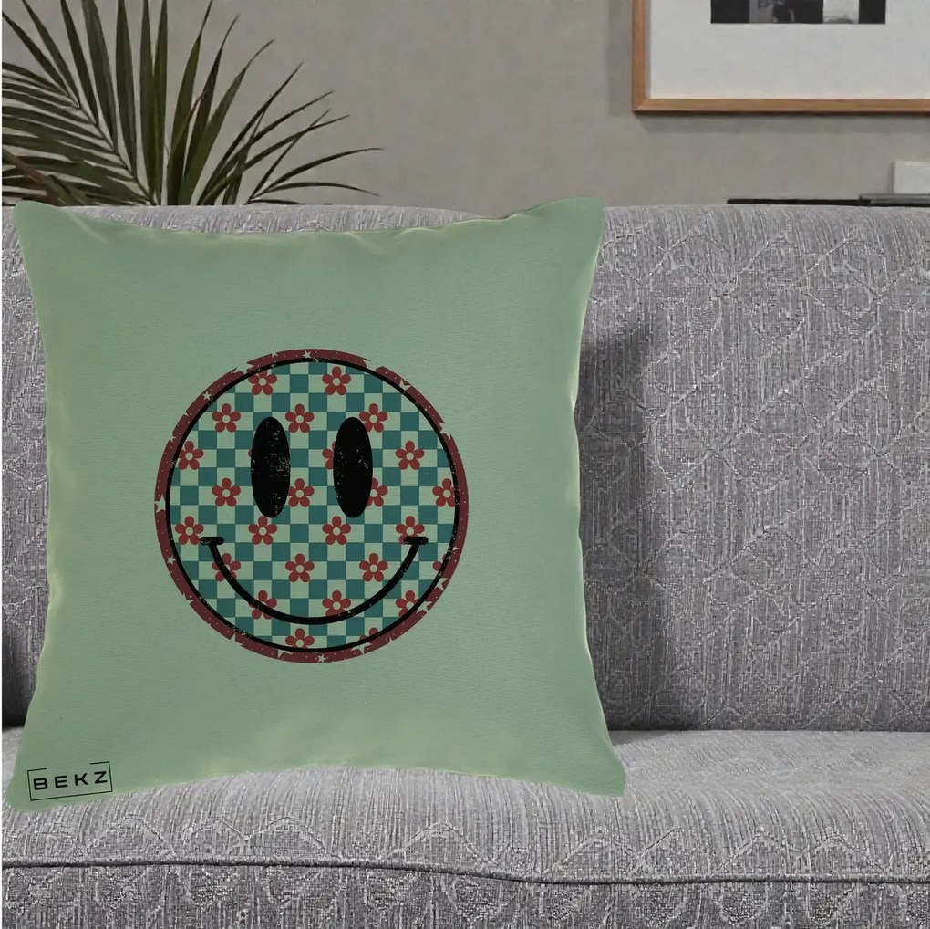 Perna Decorativa Smiley Face Checkered cu Floricele, 40x40 cm, Verde, Husa Detasabila, Perna Inclusa, BEKZ®
