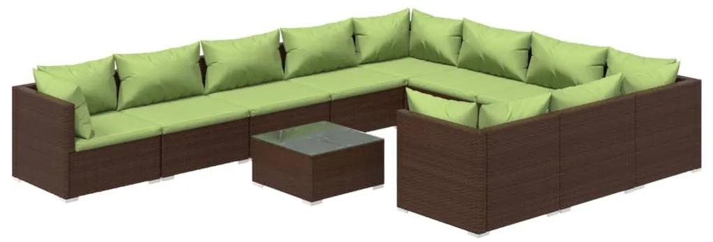 Set mobilier de gradina cu perne, 11 piese, maro, poliratan maro si verde, 4x colt + 6x mijloc + masa, 1