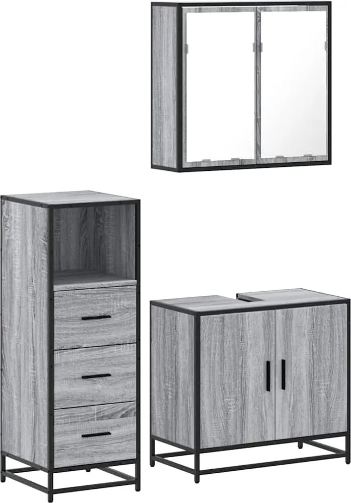 vidaXL Set mobilier de baie, 3 piese, gri sonoma, lemn prelucrat