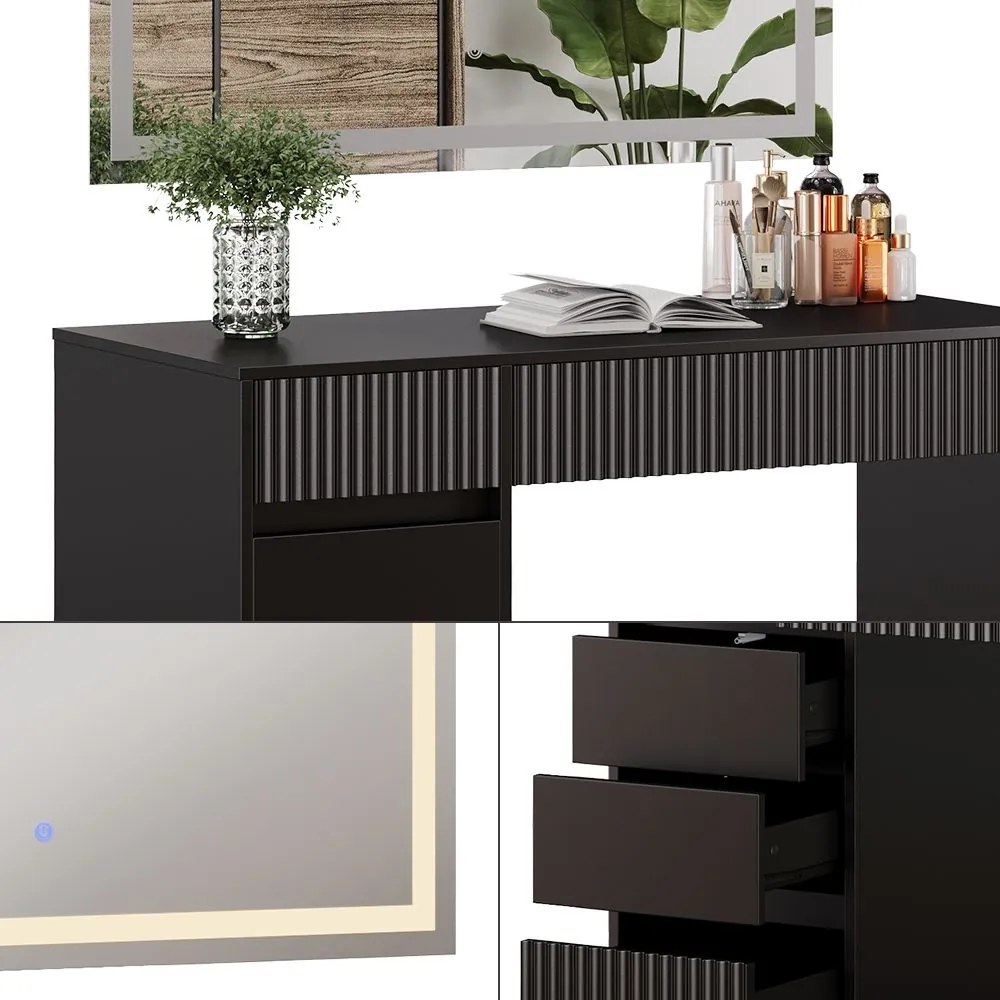 Masuta machiaj cu Oglinda LED si 5 Sertare pentru Cosmetice, Set Masa toaleta 120 cm, Negru, masuta cosmetica, vanity - SEN256