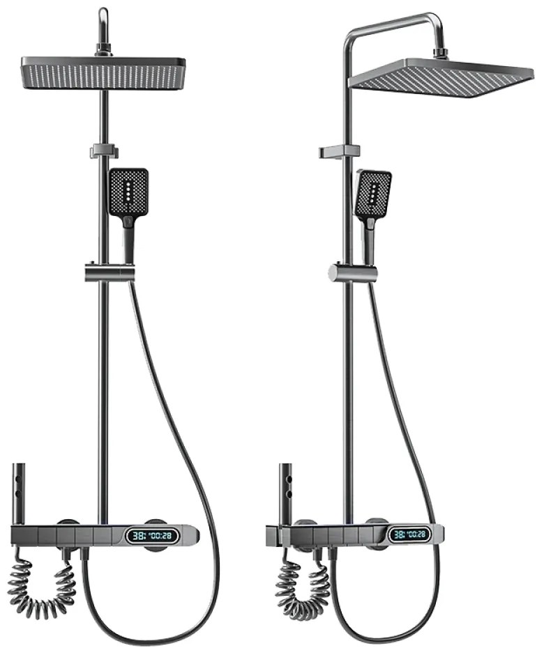 Coloană de duș termostat, afișaj digital, lumină LED ambientală, 4 funcții, butoane ca de pian, cap duș dreptunghiulară, 30×20 cm, efect de ploaie, înălțime reglabilă, montare pe perete, Negru, SS01