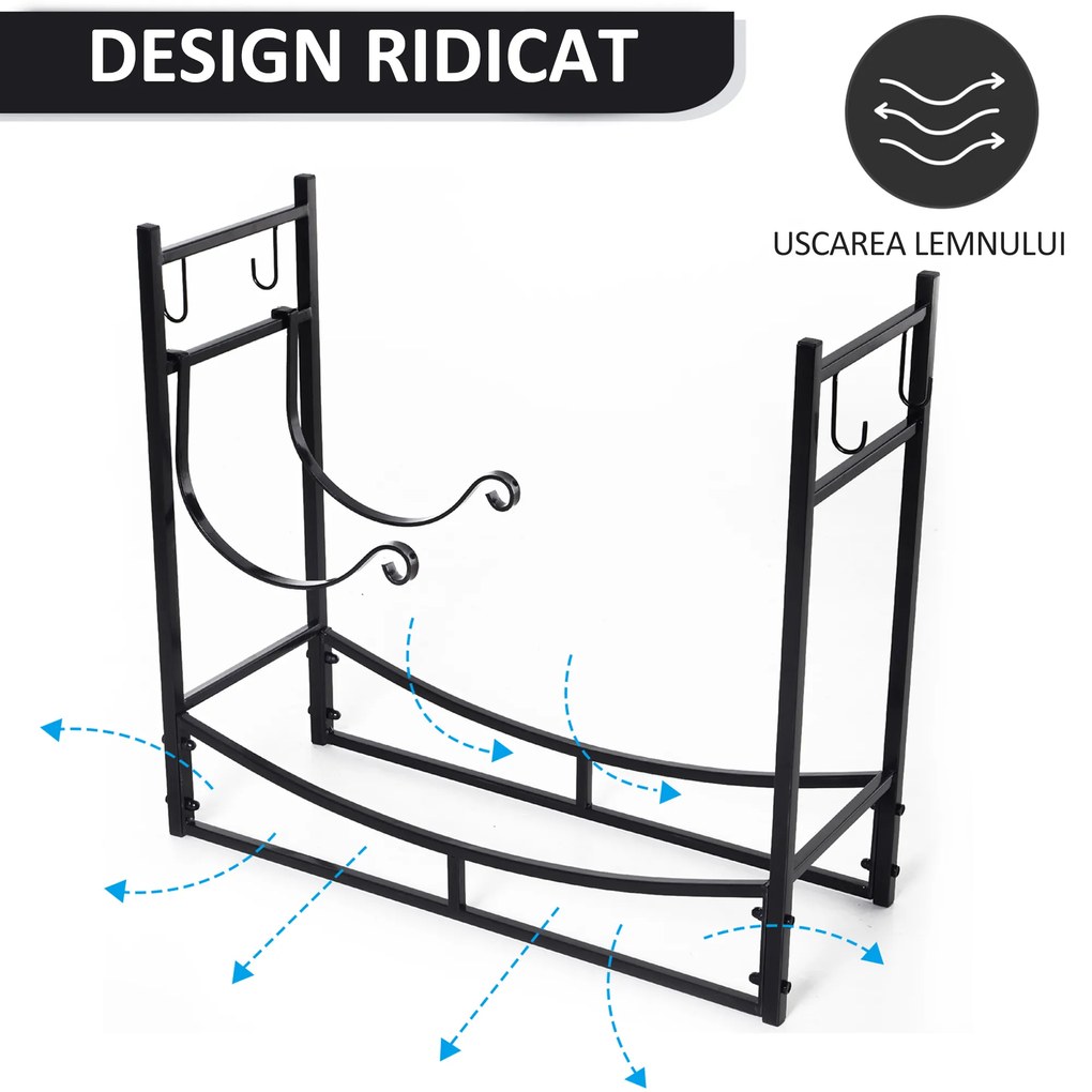 Suport lemne de Interior si Exterior din metal cu Paleta, Matura, Vatrai si Cleste, Negru, 84x33x76cm Outsunny | Aosom Romania