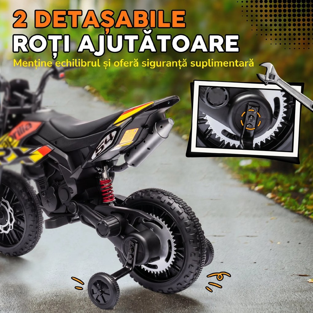 AIYAPLAY Motocicletă Electrică pentru Copii 3-8 Ani, 2 Motoare 12V, Roți Ajutătoare Detașabile, 30 kg, Galben | Aosom Romania