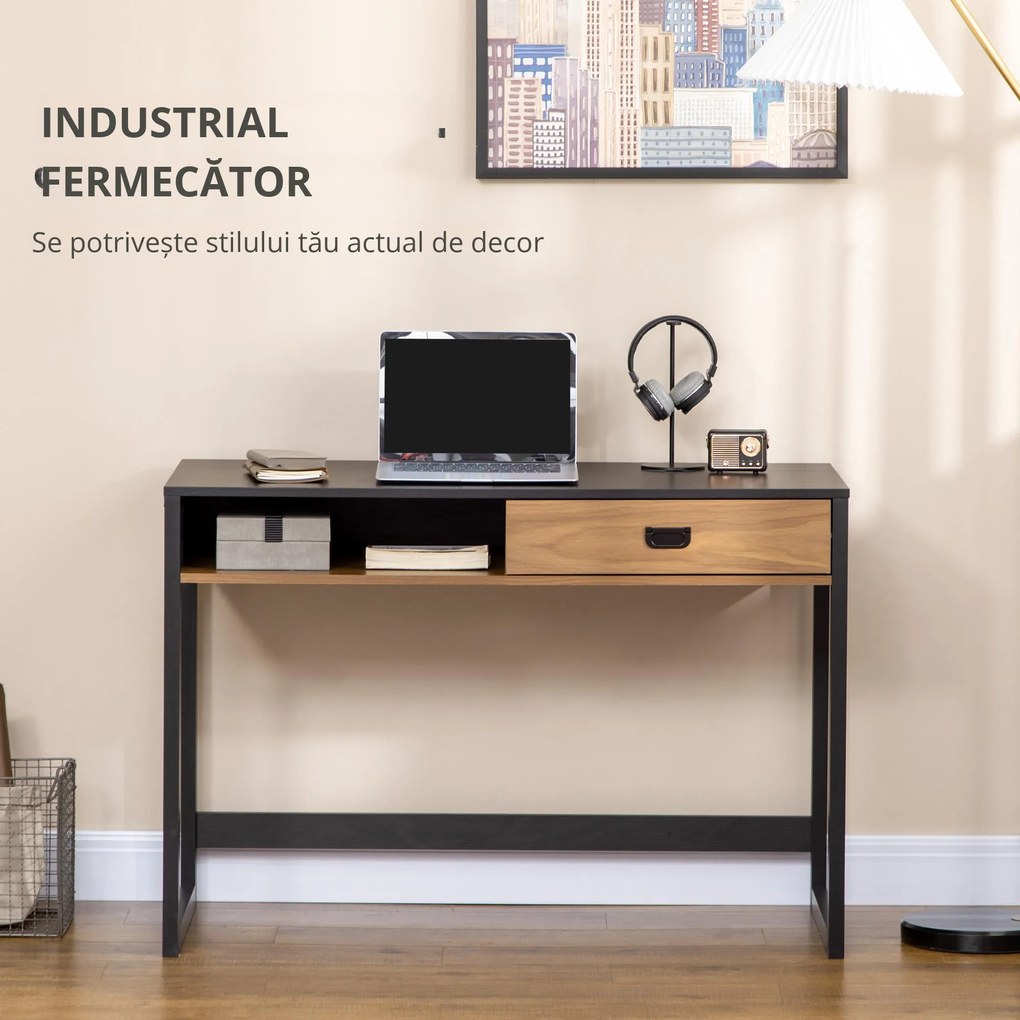 HOMCOM Birou pentru calculator, Birou de scris cu sertar de depozitare si raft pentru studiu, camera de zi, nuc si negru | Aosom Romania