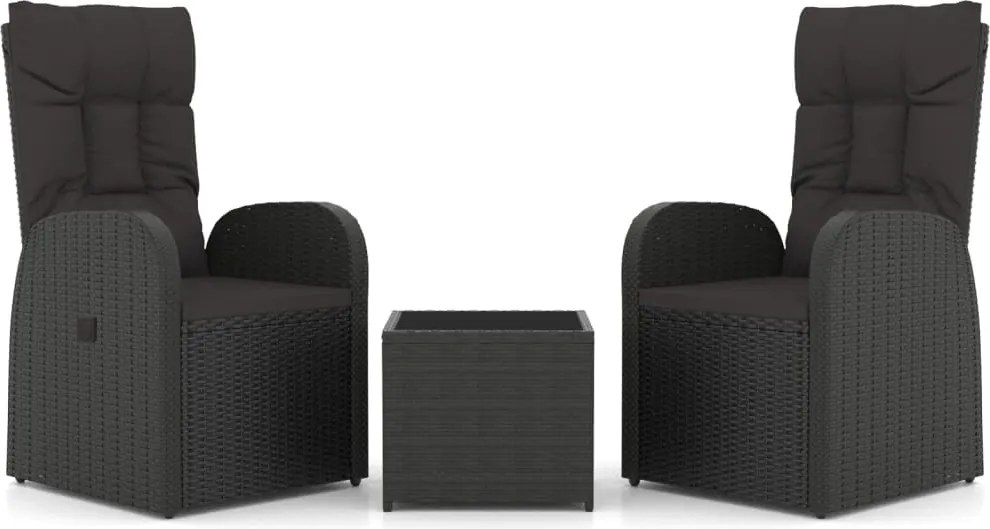 vidaXL Set șezlonguri grădină, 3 piese, negru, poliratan&oțel