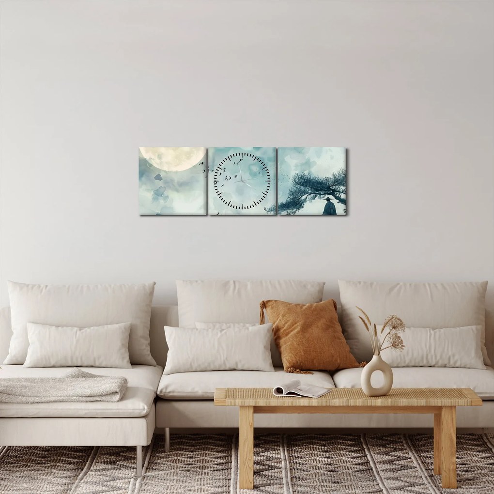 Tablou - Pictură cu lună plină (cu ceas) (90x30 cm)