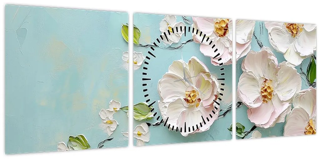 Tablou - Flori pe fundal albastru (cu ceas) (90x30 cm)