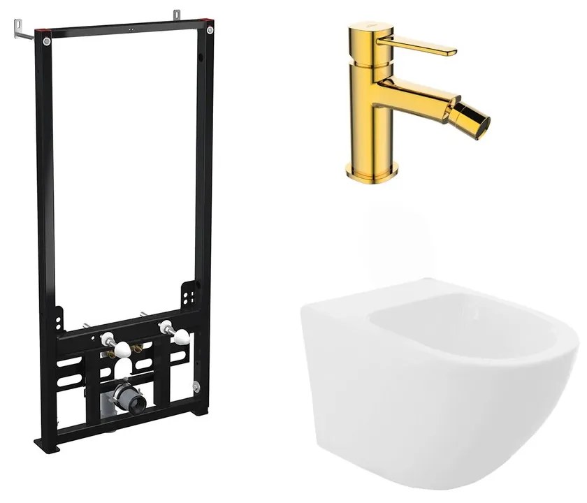 Pachet rama instalare Alca, bideu suspendat Rea Carlo alb si baterie bideu Invena Glamour auriu