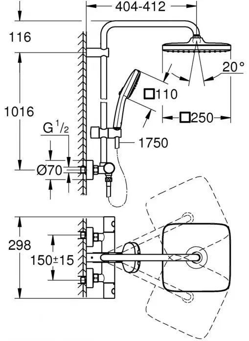 Coloana de dus cu termostat, Grohe Tempesta Cube 250, cu 1 tip de jet, crom, 26689001