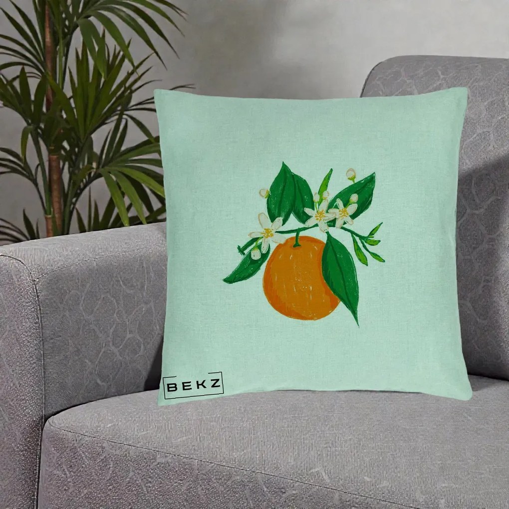 Perna Decorativa Portocala in Floare, 40x40 cm, Verde Menta, Husa Detasabila, Perna Inclusa, BEKZ®