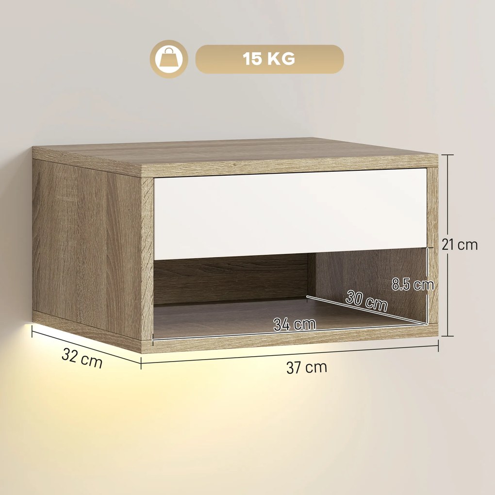 HOMCOM Set 2 Noptiere Suspendate cu LED RGB Integrat și Reglabil prin Aplicație, 37x32x21 cm, Alb Imitație Lemn | Aosom Romania