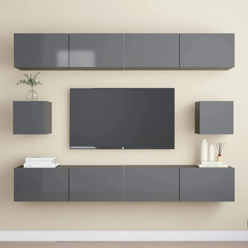 3079524 vidaXL Set de dulapuri TV, 6 piese, gri extralucios, lemn prelucrat