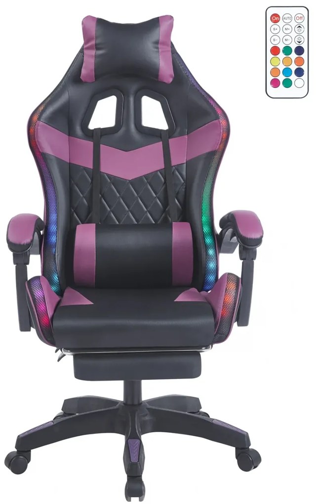 Scaun gaming, sistem iluminare bandă LED RGB, masaj în perna lombară, suport picioare, Negru/Mov