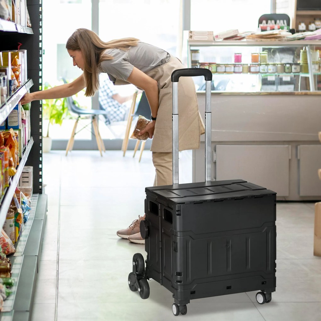 HOMCOM Cărucior de cumpărături Einkaufswagen, Treppensteiger, pliabil, cu mâner telescopic, capacitate maximă de 65 kg, Negru | Aosom Romania