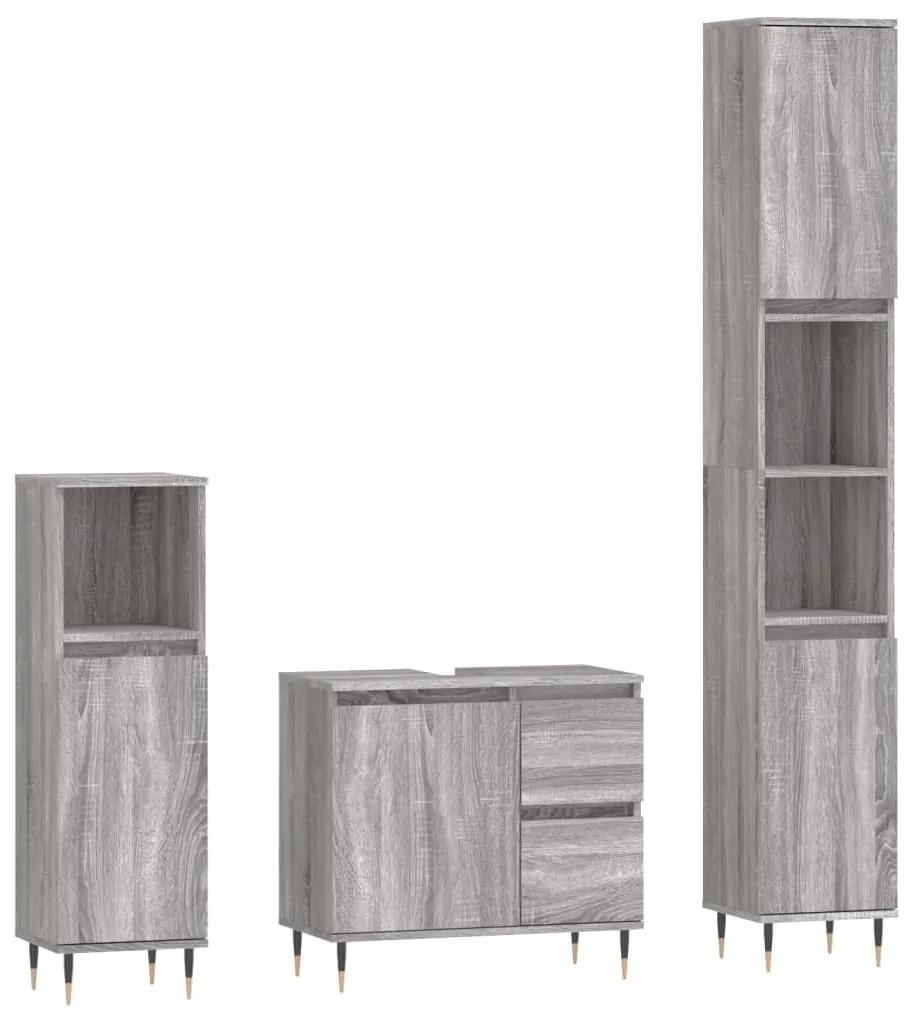 3190219 vidaXL Set mobilier de baie, 3 piese, gri sonoma, lemn prelucrat