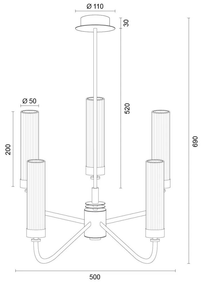Candelabru 5 brate, otel nickel, sticla canelata PRESTON 2198