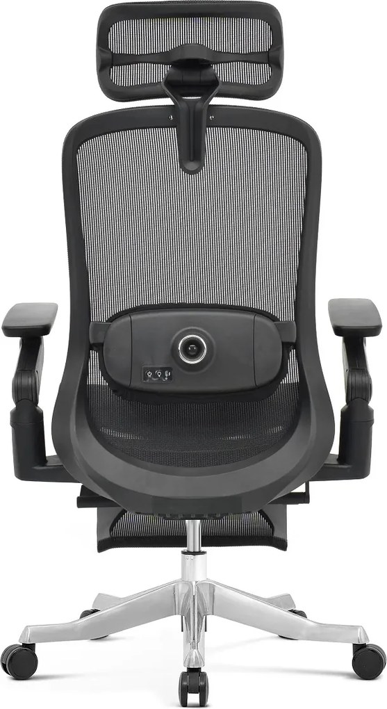 Scaun ergonomic premium Camila-H-MF, masaj lombar, șezut glisant, tetieră 4D, cotiere 6D, reclinare 145°, suport picioare, Full Mesh, bază aluminiu, Negru