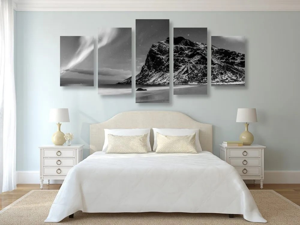Tablou 5-piese aurora polară în Norvegia în design alb-negru