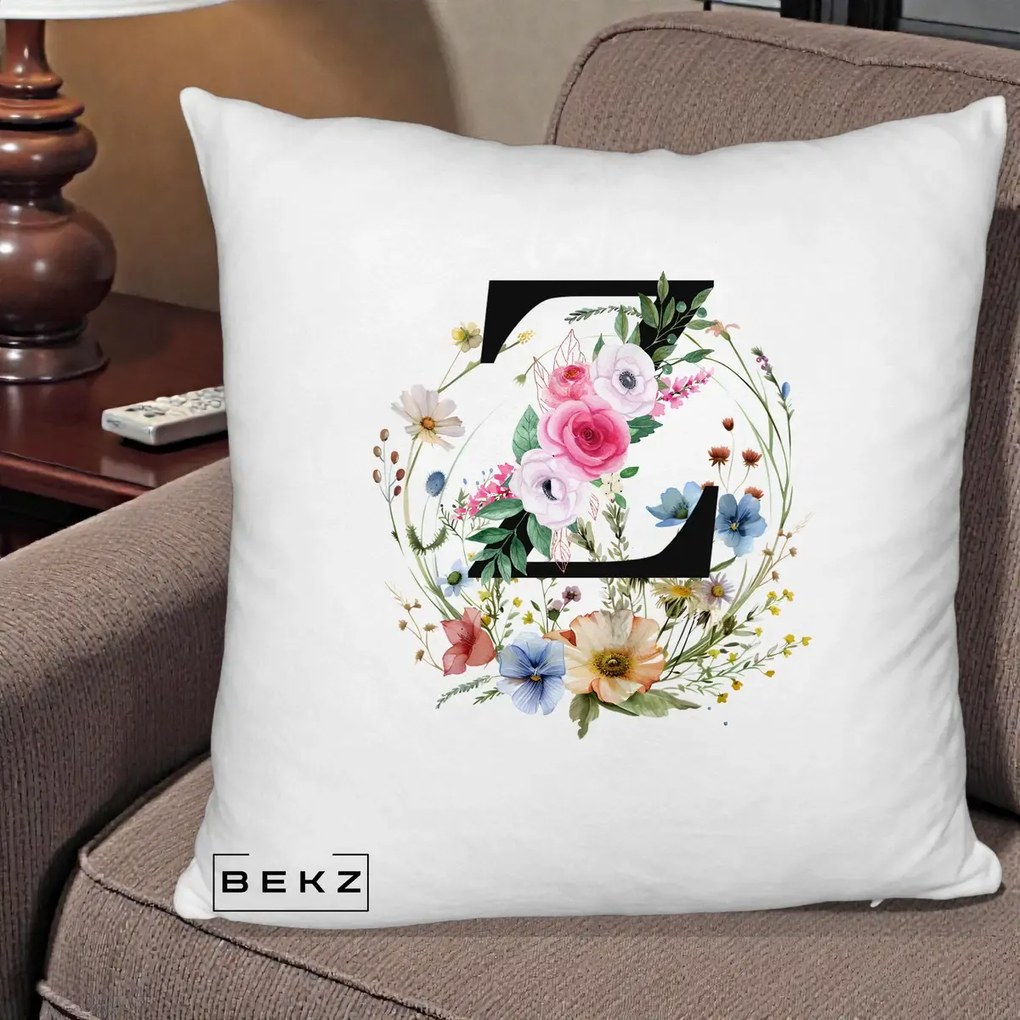 Cadou Personalizat - Perna Personalizata Monograma Florala Litera Z cu Coroana, 40x40 cm, Alb Pufos, Husa Detasabila, Perna Inclusa, BEKZ®