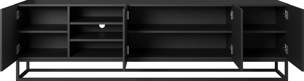 Comodă TV Asha 200 cm, cu fronturi riflate, spațiu deschis și cadru metalic – negru mat