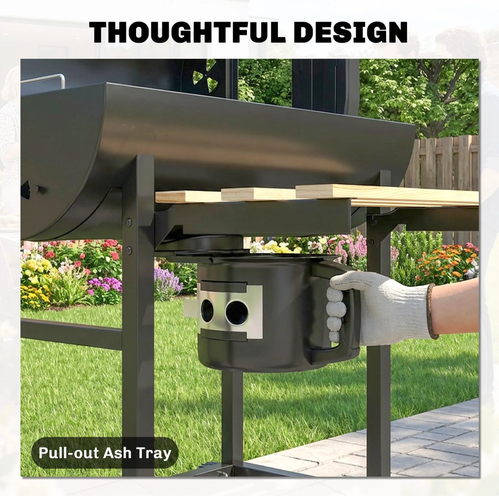 Outsunny Grătar pe Cărbuni Portabil Grătar pe Cărbuni Tip Butoi cu Rotisor Electric Rafturi Pliabile Roți Termometru | Aosom Romania