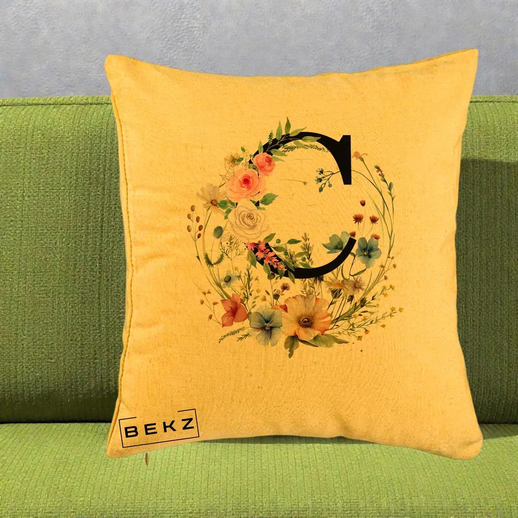 Cadou Personalizat - Perna Personalizata Monogram Litera C cu Flori Acuarela, 40x40 cm, Galben, Husa Detasabila, Perna Inclusa, BEKZ®