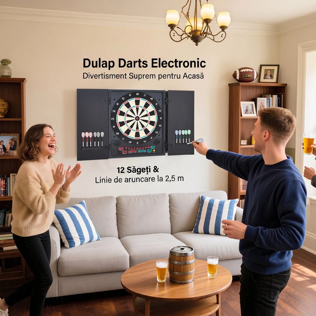 HOMCOM Tabla de Darts Electronică Profesională cu 6 Display-uri, 12 Săgeți, 27 Moduri de Joc, 51x6.5x57cm, Negru | Aosom Romania
