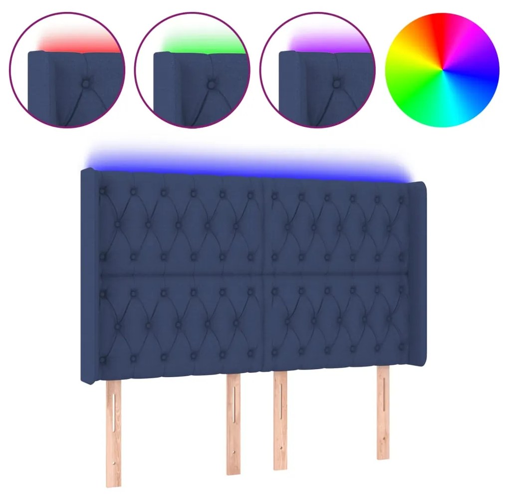 vidaXL Tăblie de pat cu LED, albastru, 163x16x118/128 cm, textil