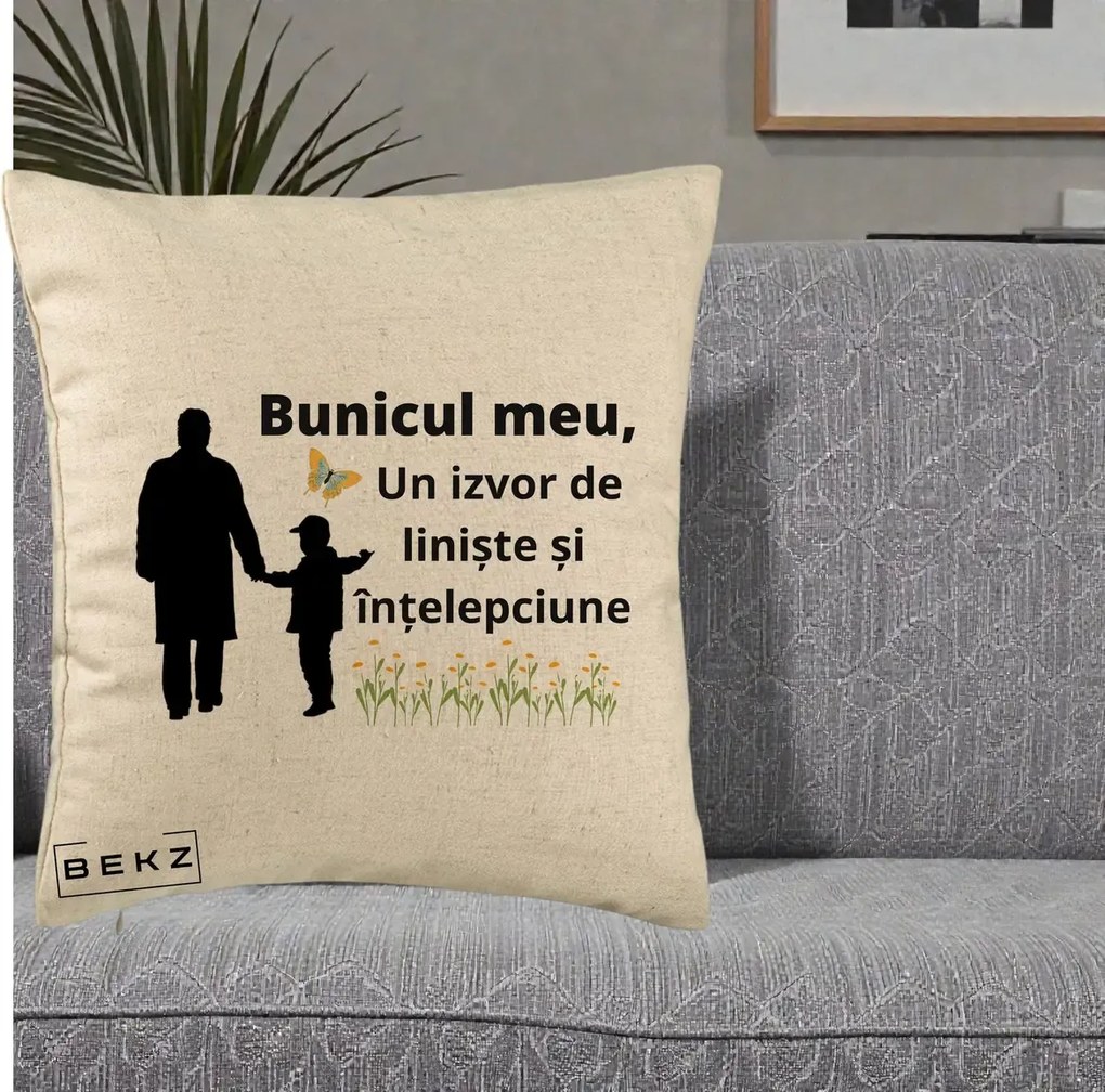 Cadou pentru Bunic - Perna Personalizata Bunicul Meu Izvor de Liniste cu Fluture si Baietel, 40x40 cm, Bej, Husa Detasabila, Perna Inclusa, BEKZ®