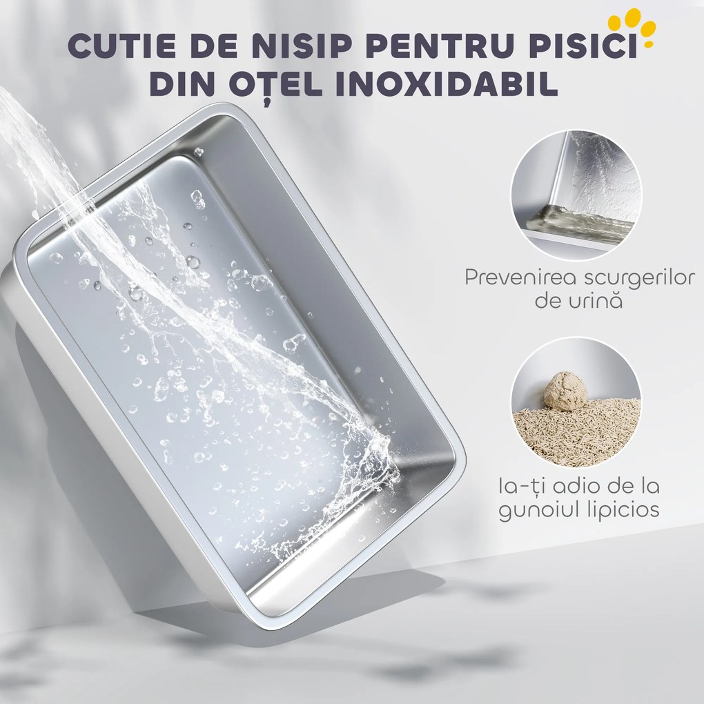 PawHut Litteră Închisă pentru Pisici cu 2 Covorașe și Mâner, Alb și Argintiu | Aosom Romania