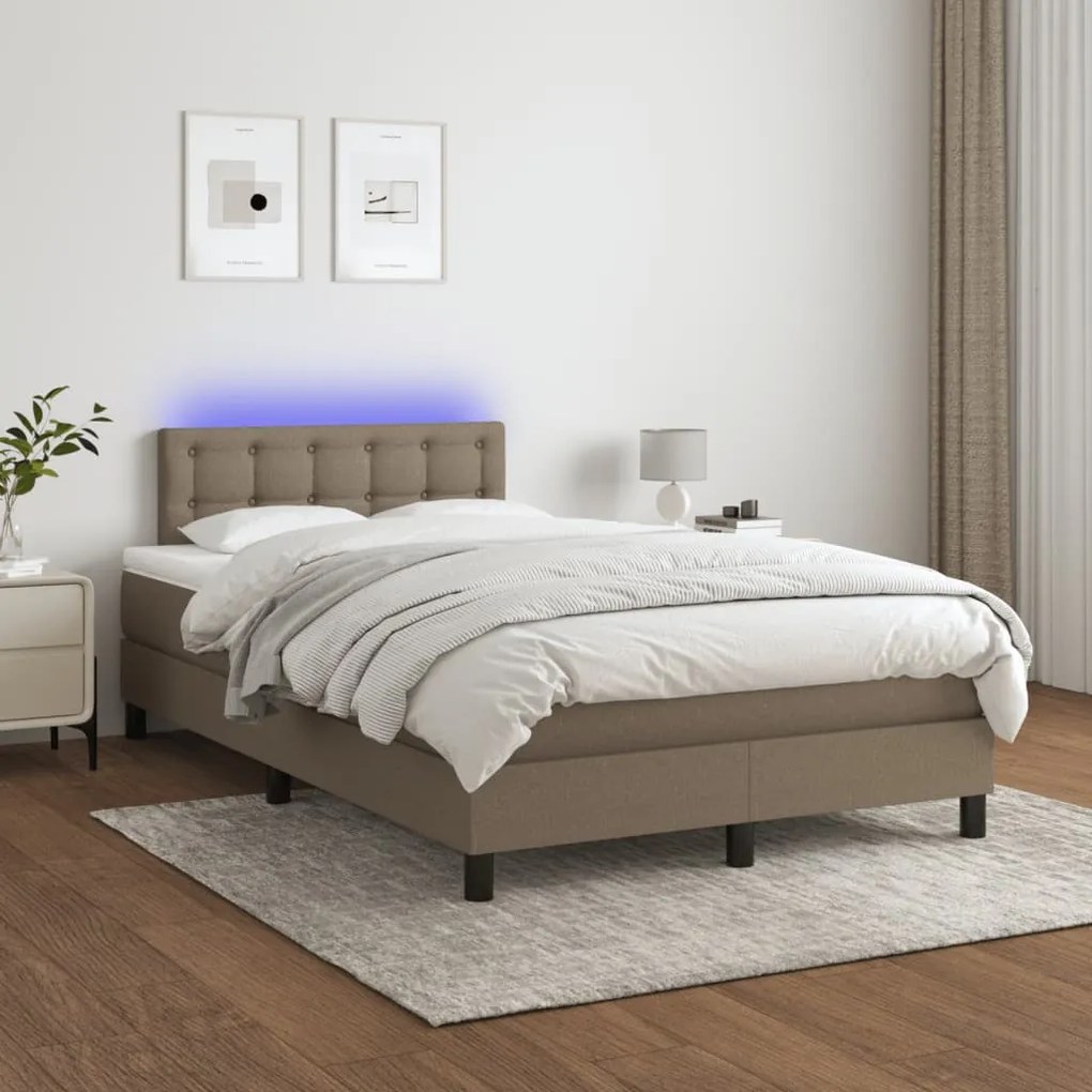 vidaXL Pat cu arcuri, saltea și LED, gri taupe, 120x200 cm, textil