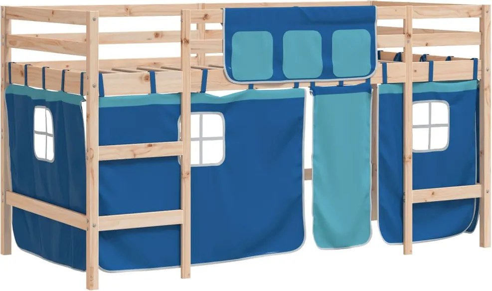 vidaXL Pat etajat de copii cu perdele, blå, 90x190 cm, lemn masiv pin