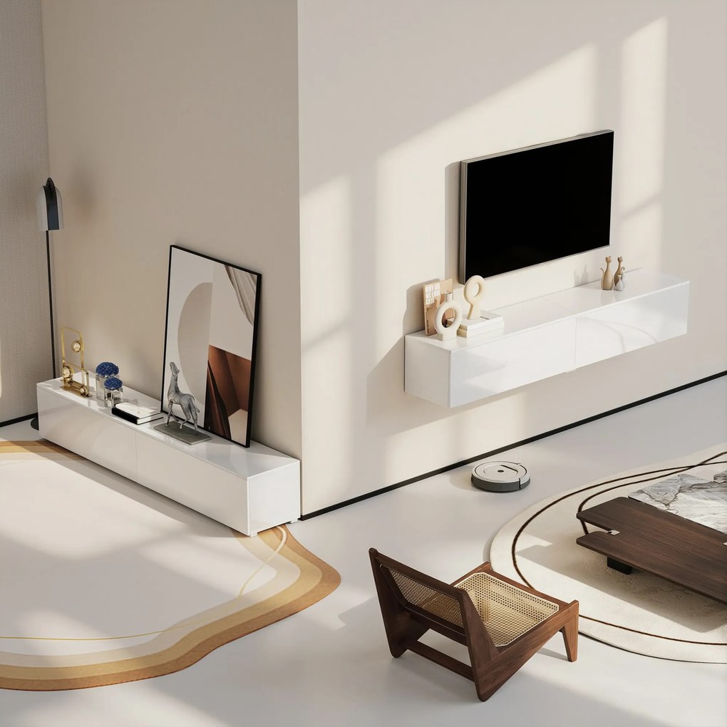 HOMCOM Dulap TV Suspendat 180 cm pentru TV până la 75 Inch, Dulap Modern pentru Living cu Uși cu Deschidere prin Apăsare și Orificii pentru Cabluri, Consolă Multimedia Montată pe Perete, Alb Lucios | Aosom Romania