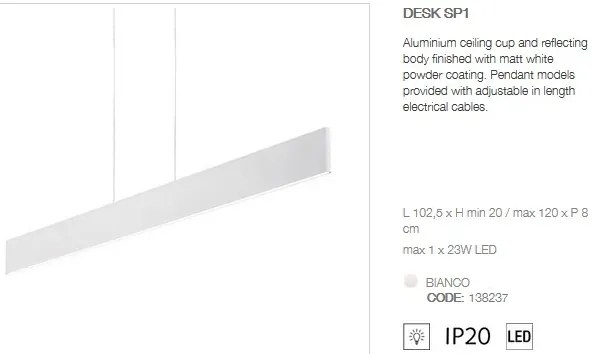 Lustra suspendata design modern LED DESK SP1 BIANCO 138237