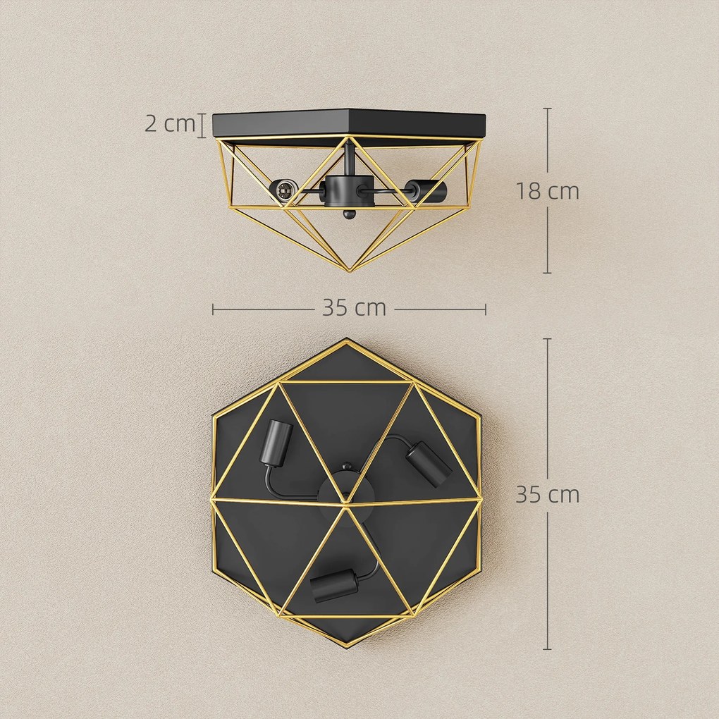 HOMCOM Lampă de Tavan Stil Industrial Geometrică cu 3 Suporturi E27 pentru Becuri LED, Negru și Auriu | Aosom Romania