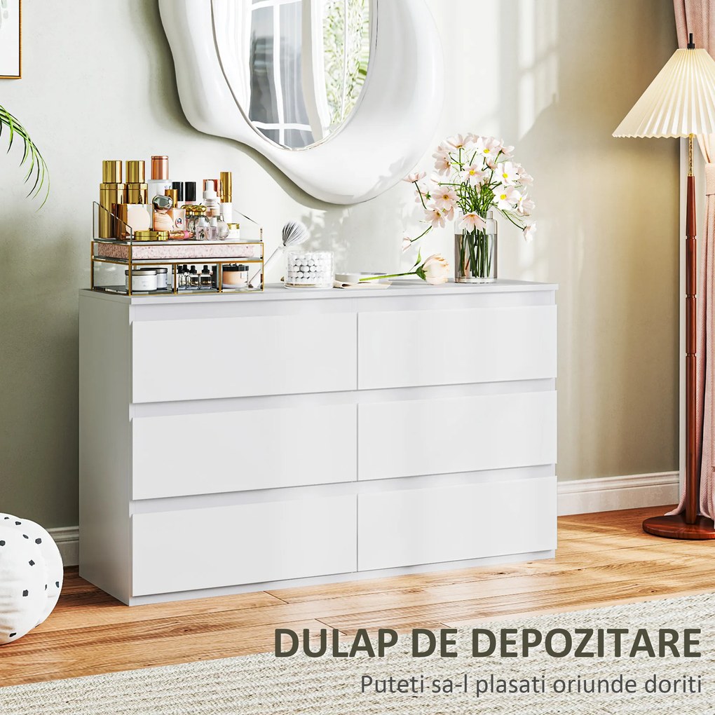 HOMCOM Comodă cu 6 Sertare și Picioare Antiderapante din Lemn, 120x39x75 cm, Alb | Aosom Romania