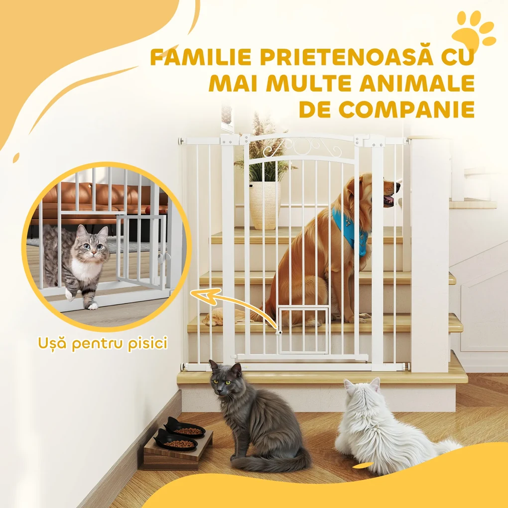 PawHut Ușă de Siguranță pentru Câini de Interior cu 2 Extensii și Ușiță pentru Pisici, 76-104x77 cm, Alb | Aosom Romania