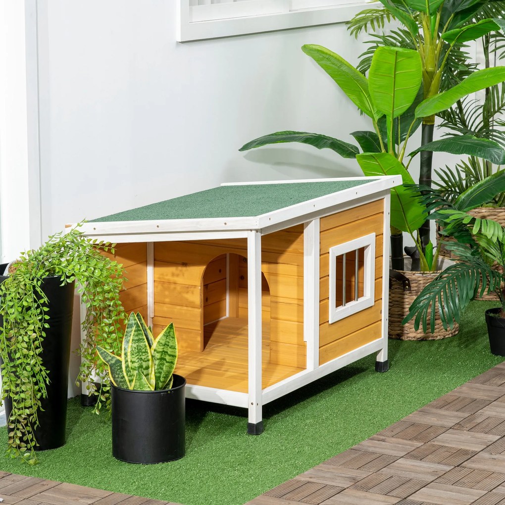 PawHut Cușcă pentru Câini de Exterior din Lemn cu Verandă Acoperită și Acoperiș Înclinat, 85.5x62x60 cm, Multicolor | Aosom Romania