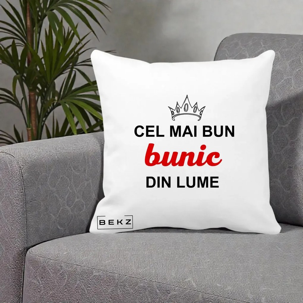Cadou pentru Bunic - Perna Personalizata Cel Mai Bun Bunic Din Lume Coroana Rosu, 40x40 cm, Alba Mata, Husa Detasabila, Perna Inclusa, BEKZ®