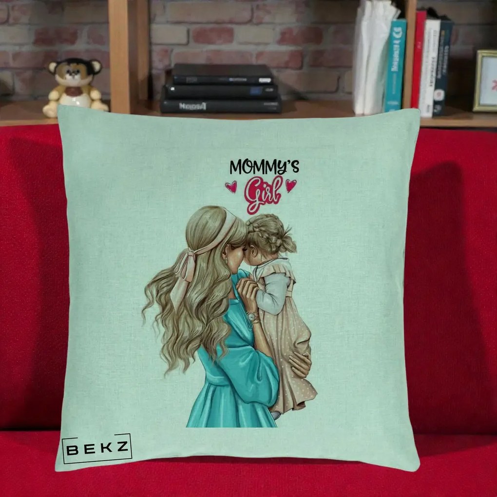 Cadou pentru Mama - Perna Personalizata Mommy's Girl Mama si Fetita, 40x40 cm, Verde Menta, Husa Detasabila, Perna Inclusa, BEKZ®
